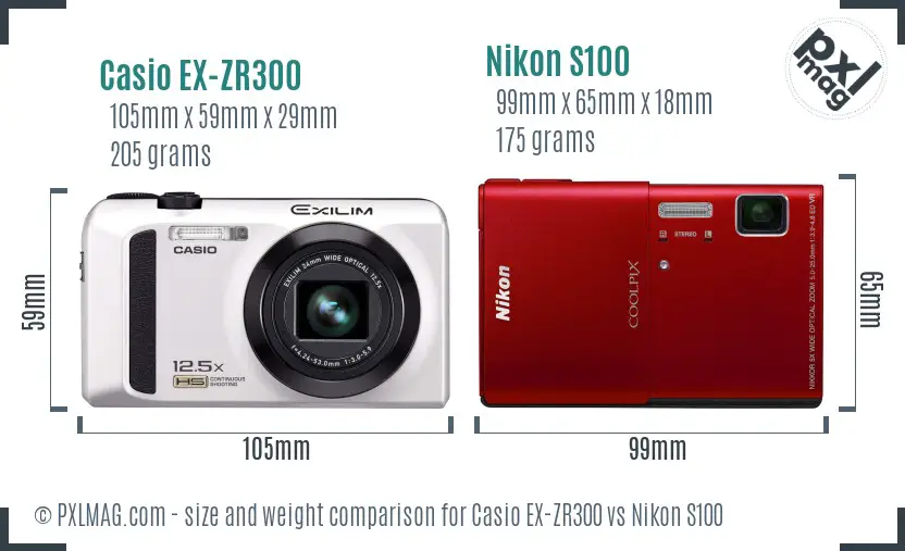 Casio EX-ZR300 vs Nikon S100 size comparison