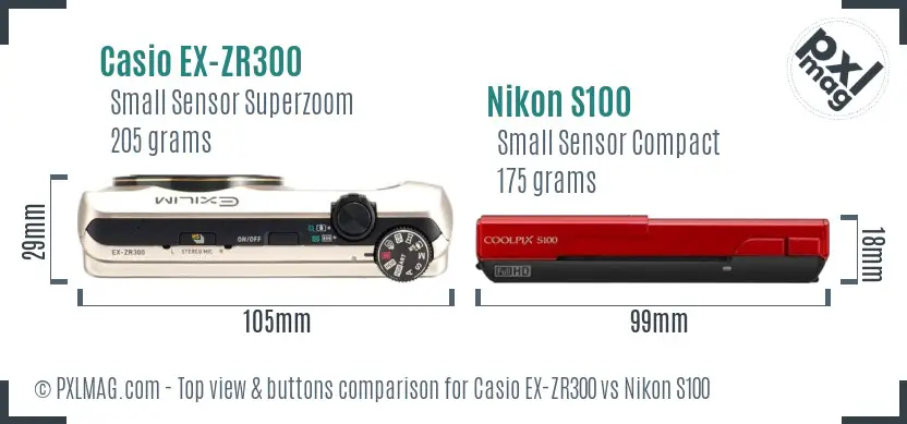 Casio EX-ZR300 vs Nikon S100 top view buttons comparison