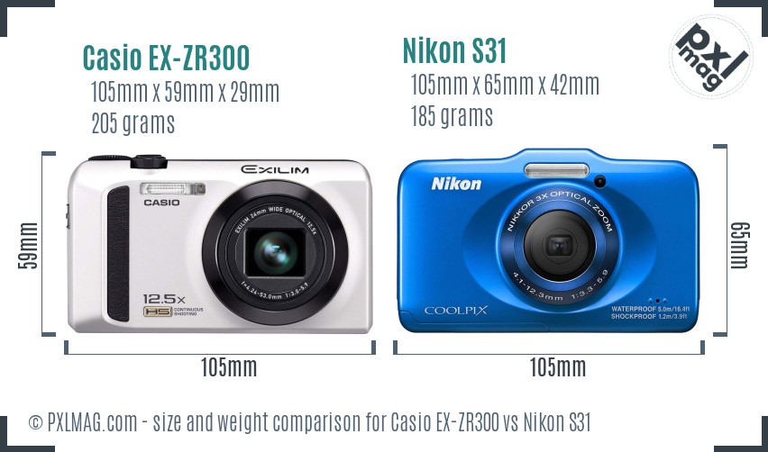 Casio EX-ZR300 vs Nikon S31 size comparison