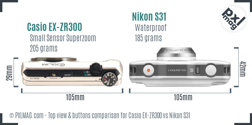 Casio EX-ZR300 vs Nikon S31 top view buttons comparison