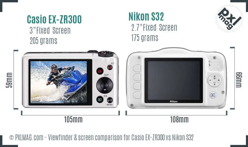 Casio EX-ZR300 vs Nikon S32 Screen and Viewfinder comparison