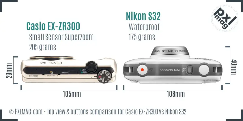 Casio EX-ZR300 vs Nikon S32 top view buttons comparison