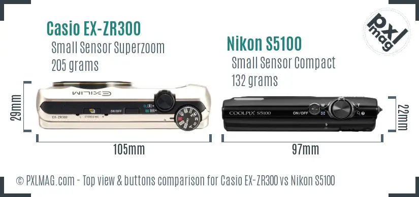 Casio EX-ZR300 vs Nikon S5100 top view buttons comparison