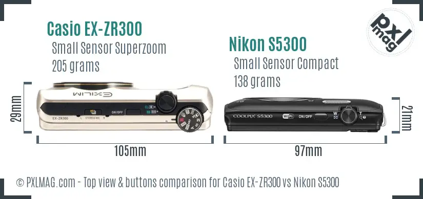 Casio EX-ZR300 vs Nikon S5300 top view buttons comparison