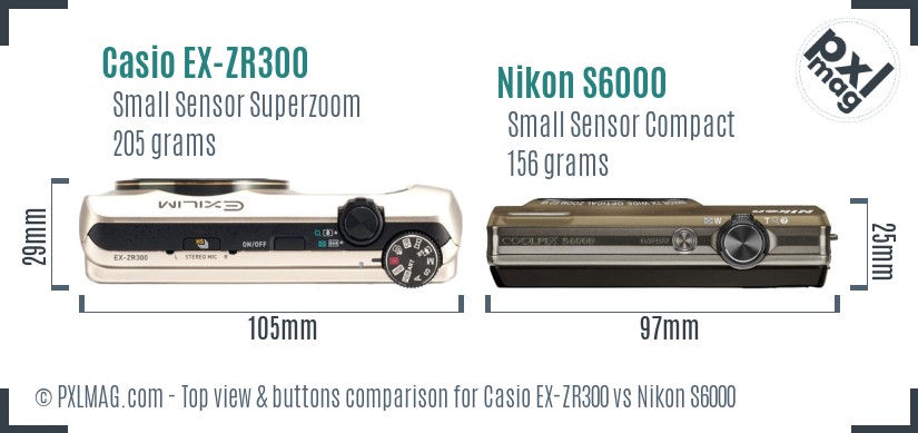 Casio EX-ZR300 vs Nikon S6000 top view buttons comparison