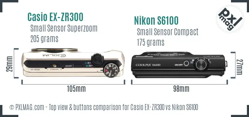 Casio EX-ZR300 vs Nikon S6100 top view buttons comparison