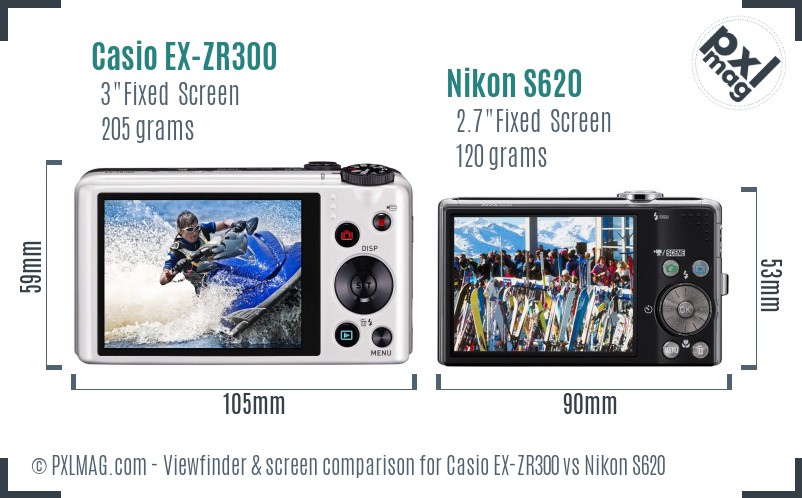 Casio EX-ZR300 vs Nikon S620 Screen and Viewfinder comparison