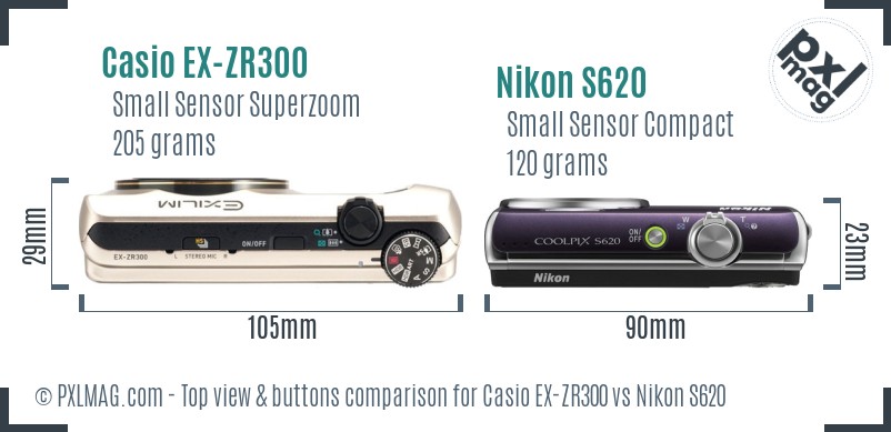 Casio EX-ZR300 vs Nikon S620 top view buttons comparison