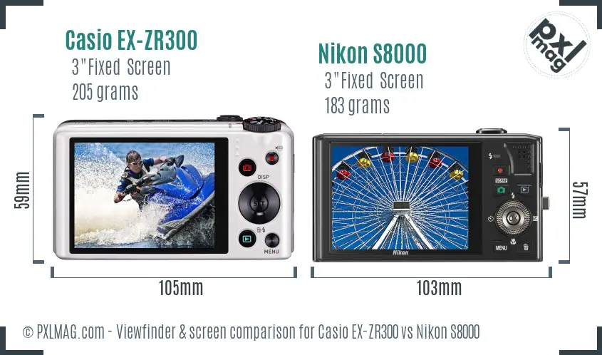 Casio EX-ZR300 vs Nikon S8000 Screen and Viewfinder comparison