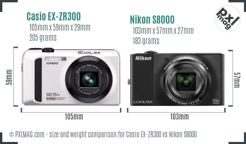 Casio EX-ZR300 vs Nikon S8000 size comparison
