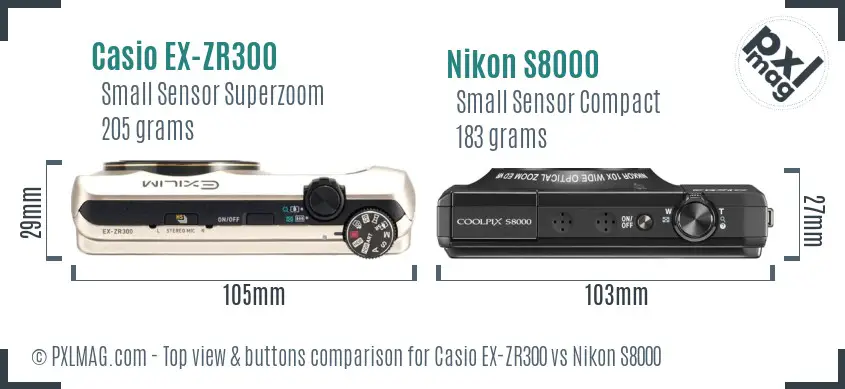 Casio EX-ZR300 vs Nikon S8000 top view buttons comparison