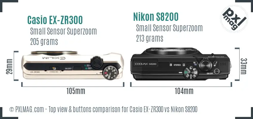Casio EX-ZR300 vs Nikon S8200 top view buttons comparison Casio EX-ZR300 vs Nikon S8200 top view buttons comparison