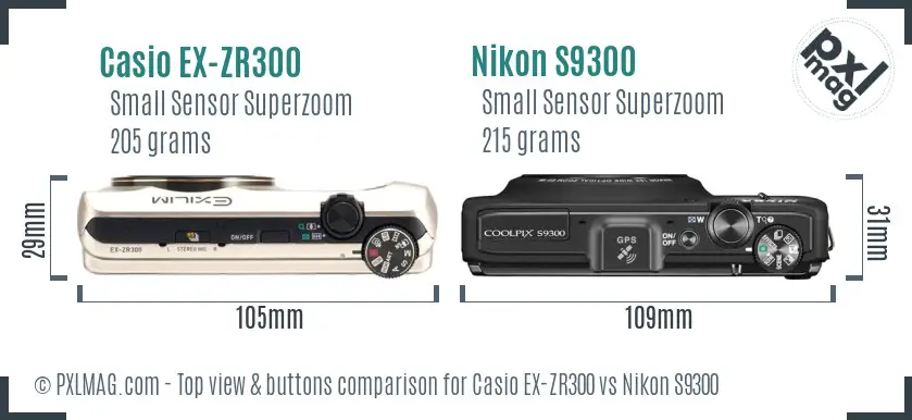 Casio EX-ZR300 vs Nikon S9300 top view buttons comparison