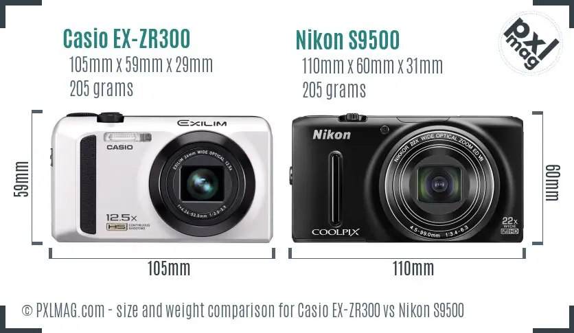 Casio EX-ZR300 vs Nikon S9500 size comparison Casio EX-ZR300 vs Nikon S9500 size comparison