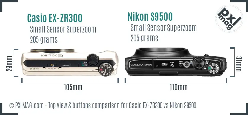 Casio EX-ZR300 vs Nikon S9500 top view buttons comparison Casio EX-ZR300 vs Nikon S9500 top view buttons comparison
