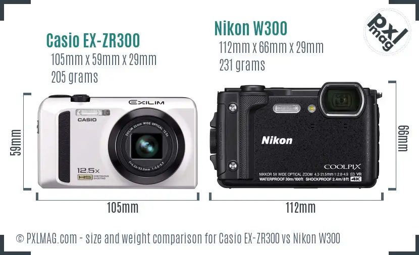 Casio EX-ZR300 vs Nikon W300 size comparison