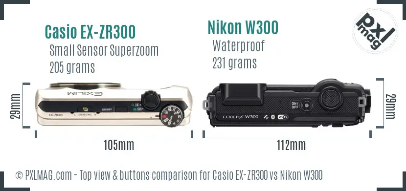 Casio EX-ZR300 vs Nikon W300 top view buttons comparison