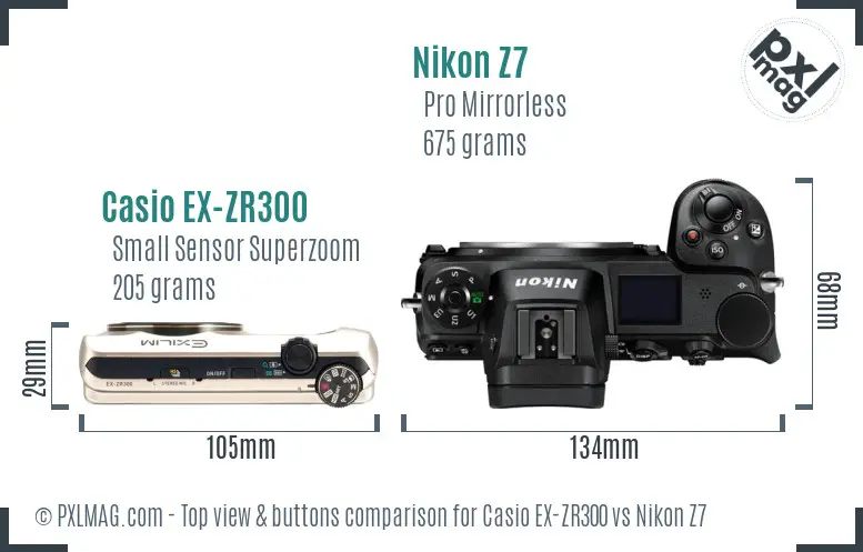 Casio EX-ZR300 vs Nikon Z7 top view buttons comparison