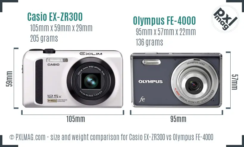Casio EX-ZR300 vs Olympus FE-4000 size comparison Casio EX-ZR300 vs Olympus FE-4000 size comparison