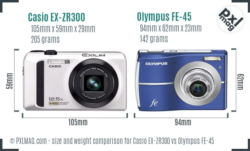 Casio EX-ZR300 vs Olympus FE-45 size comparison