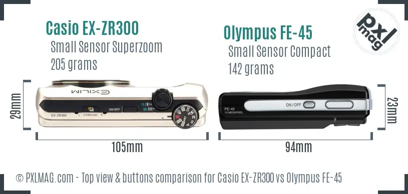 Casio EX-ZR300 vs Olympus FE-45 top view buttons comparison