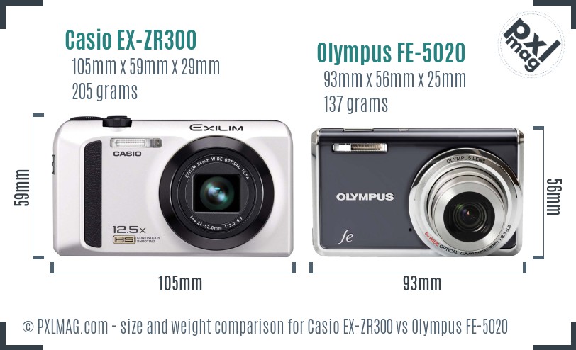 Casio EX-ZR300 vs Olympus FE-5020 size comparison Casio EX-ZR300 vs Olympus FE-5020 size comparison
