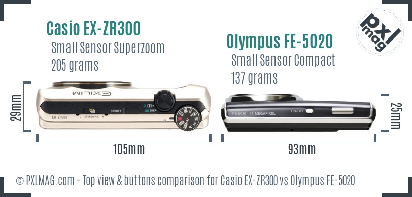 Casio EX-ZR300 vs Olympus FE-5020 top view buttons comparison