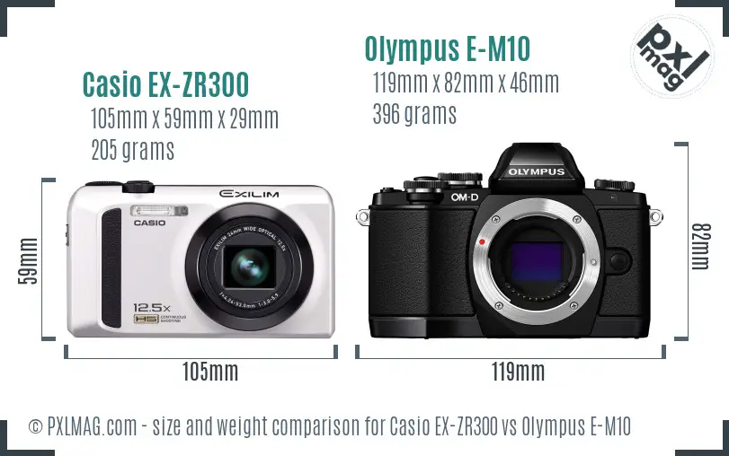 Casio EX-ZR300 vs Olympus E-M10 size comparison