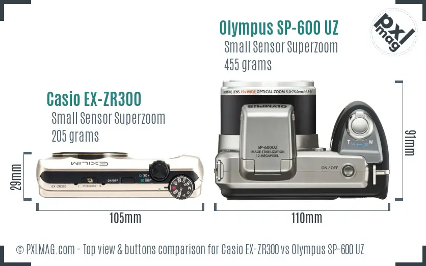 Casio EX-ZR300 vs Olympus SP-600 UZ top view buttons comparison