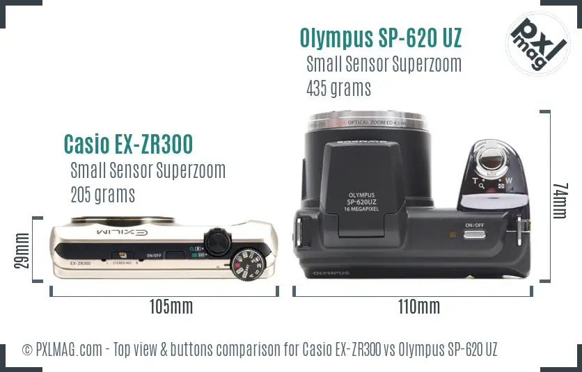 Casio EX-ZR300 vs Olympus SP-620 UZ top view buttons comparison