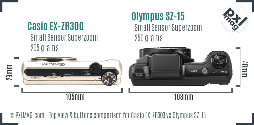 Casio EX-ZR300 vs Olympus SZ-15 top view buttons comparison