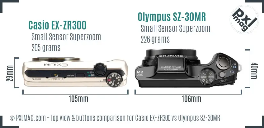 Casio EX-ZR300 vs Olympus SZ-30MR top view buttons comparison