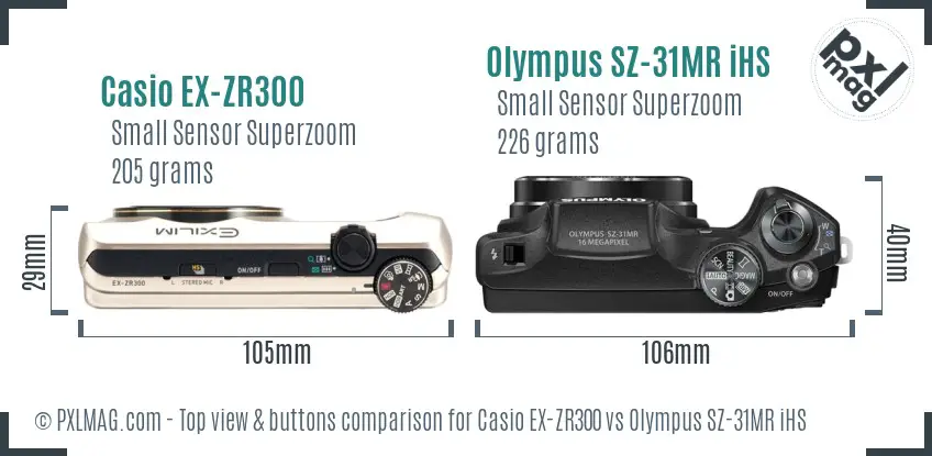 Casio EX-ZR300 vs Olympus SZ-31MR iHS top view buttons comparison