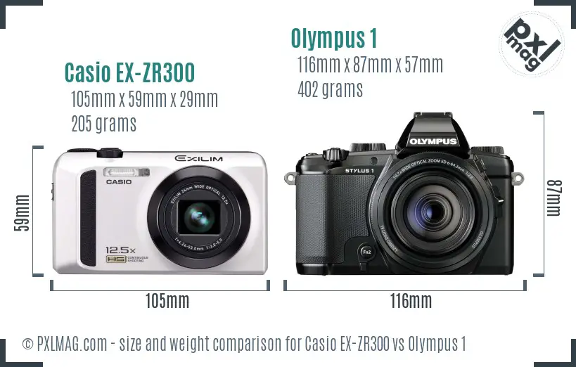 Casio EX-ZR300 vs Olympus 1 size comparison