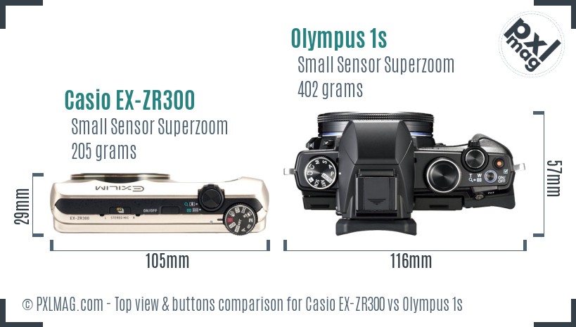 Casio EX-ZR300 vs Olympus 1s top view buttons comparison