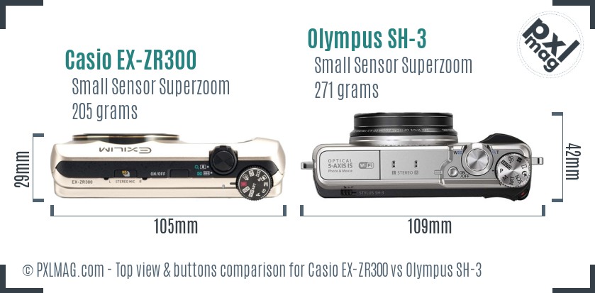 Casio EX-ZR300 vs Olympus SH-3 top view buttons comparison