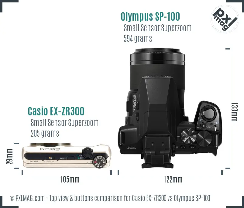 Casio EX-ZR300 vs Olympus SP-100 top view buttons comparison