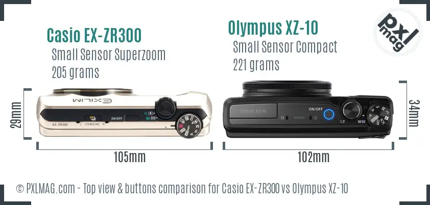 Casio EX-ZR300 vs Olympus XZ-10 top view buttons comparison Casio EX-ZR300 vs Olympus XZ-10 top view buttons comparison