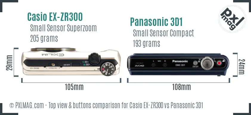 Casio EX-ZR300 vs Panasonic 3D1 top view buttons comparison