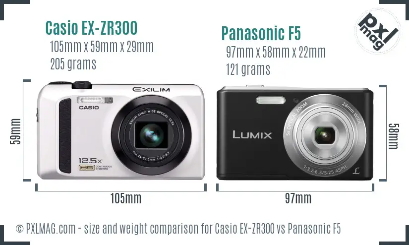 Casio EX-ZR300 vs Panasonic F5 size comparison