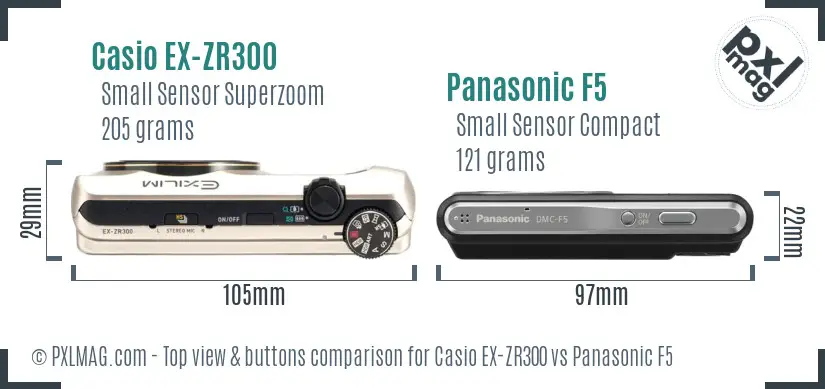 Casio EX-ZR300 vs Panasonic F5 top view buttons comparison