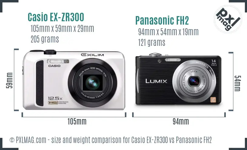 Casio EX-ZR300 vs Panasonic FH2 size comparison
