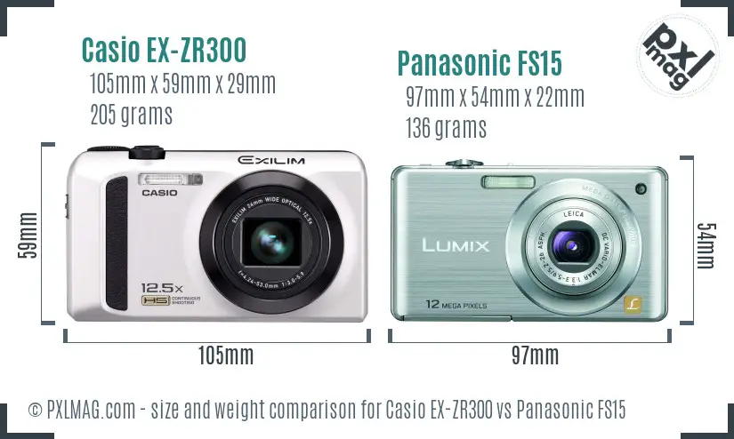 Casio EX-ZR300 vs Panasonic FS15 size comparison