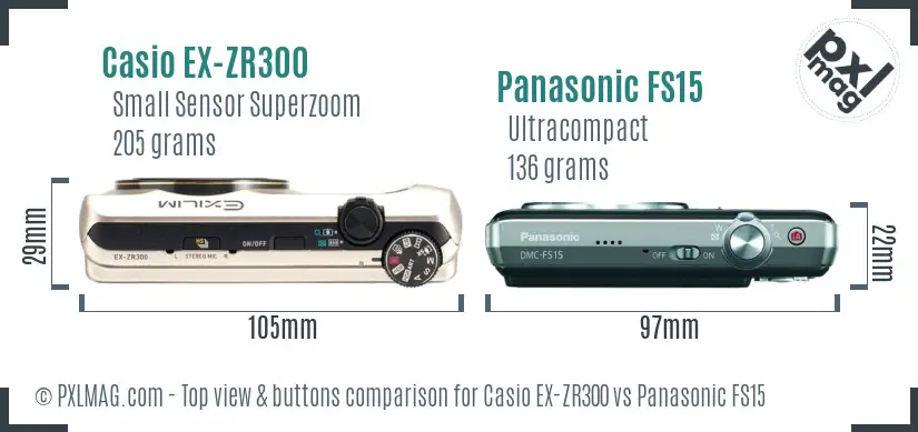 Casio EX-ZR300 vs Panasonic FS15 top view buttons comparison