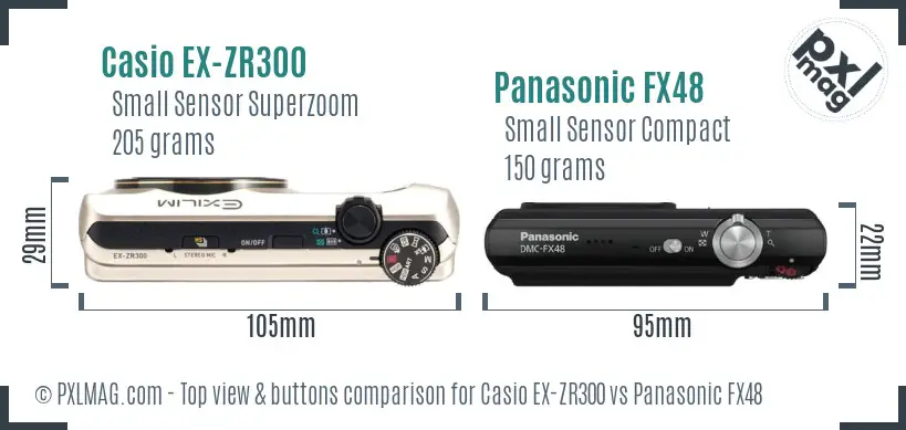 Casio EX-ZR300 vs Panasonic FX48 top view buttons comparison Casio EX-ZR300 vs Panasonic FX48 top view buttons comparison