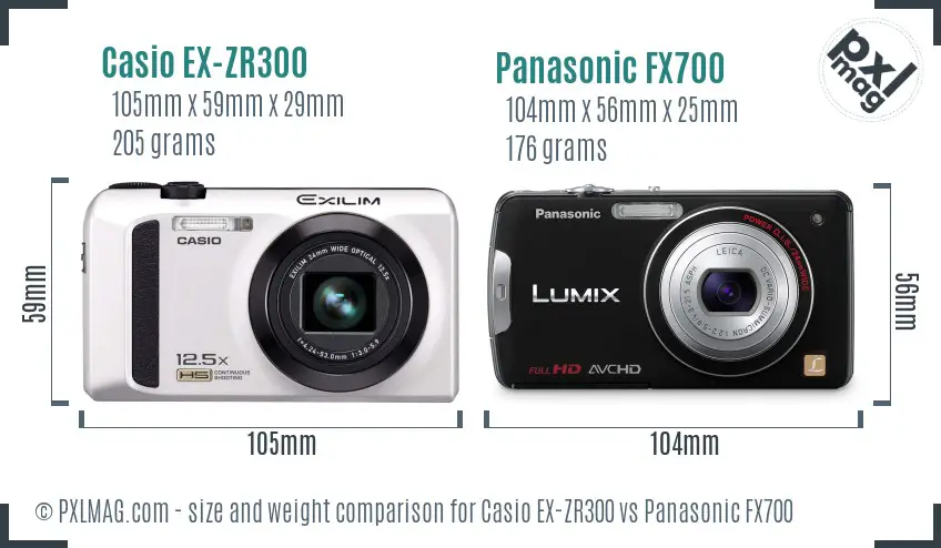 Casio EX-ZR300 vs Panasonic FX700 size comparison