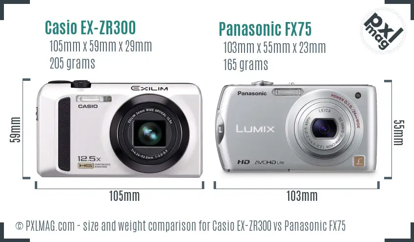 Casio EX-ZR300 vs Panasonic FX75 size comparison