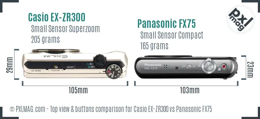 Casio EX-ZR300 vs Panasonic FX75 top view buttons comparison