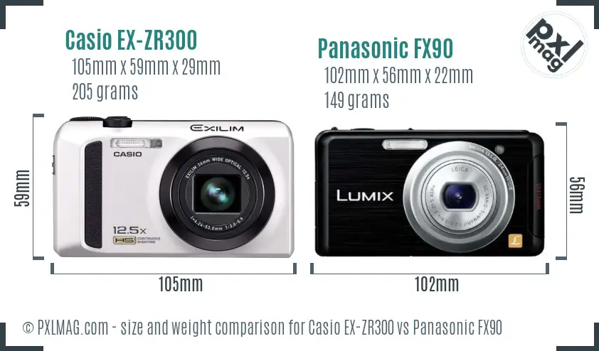 Casio EX-ZR300 vs Panasonic FX90 size comparison