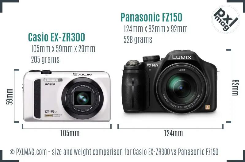 Casio EX-ZR300 vs Panasonic FZ150 size comparison Casio EX-ZR300 vs Panasonic FZ150 size comparison